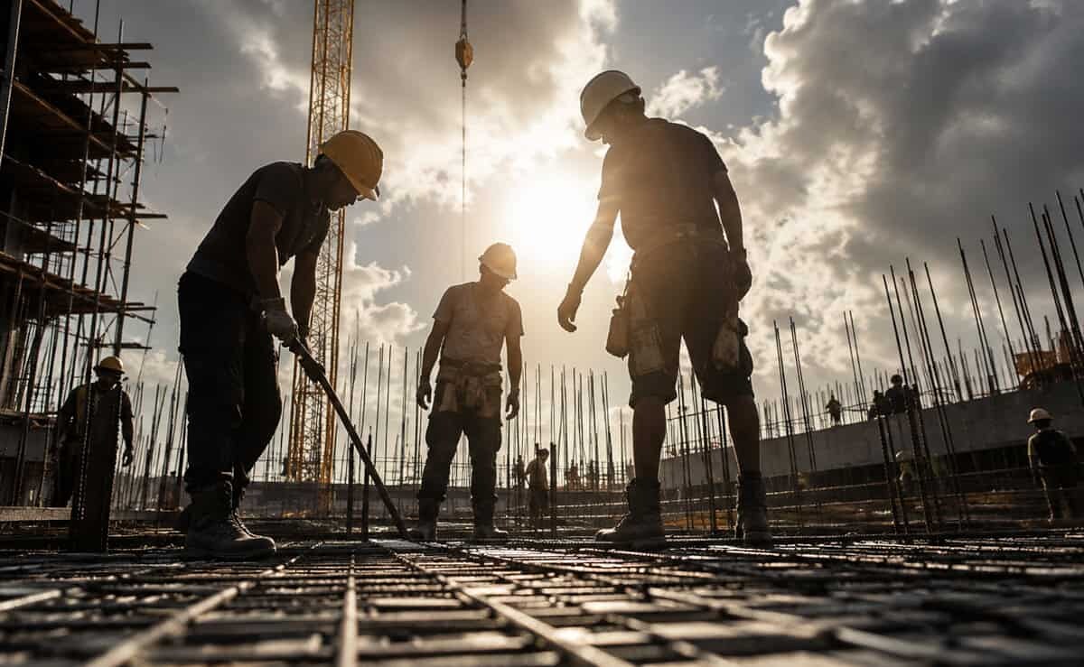 Construction workers installing steel reinforcement at a sunlit building site