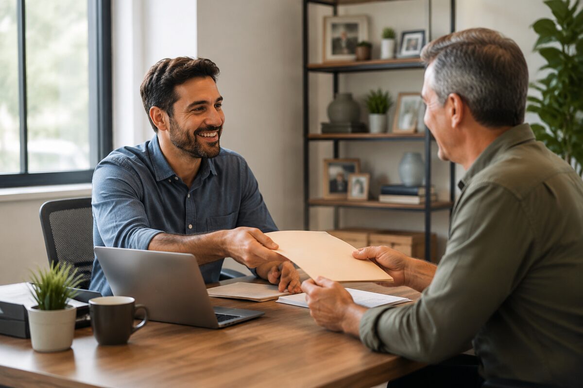 An ISM insurance advisor promptly handing completed coverage documents to a client